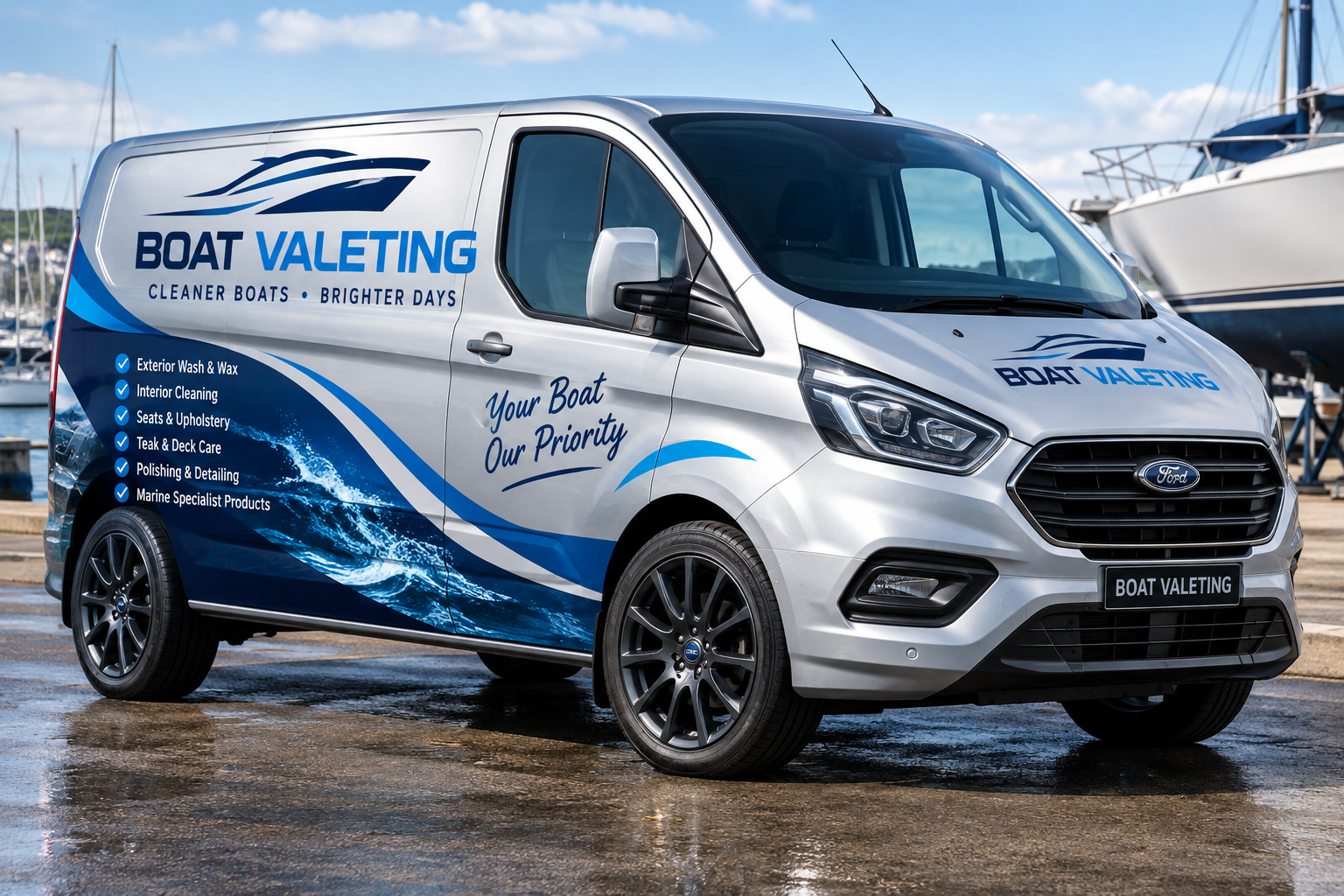 Proposed Satisfying Clean boat valeting van design in navy and blue
